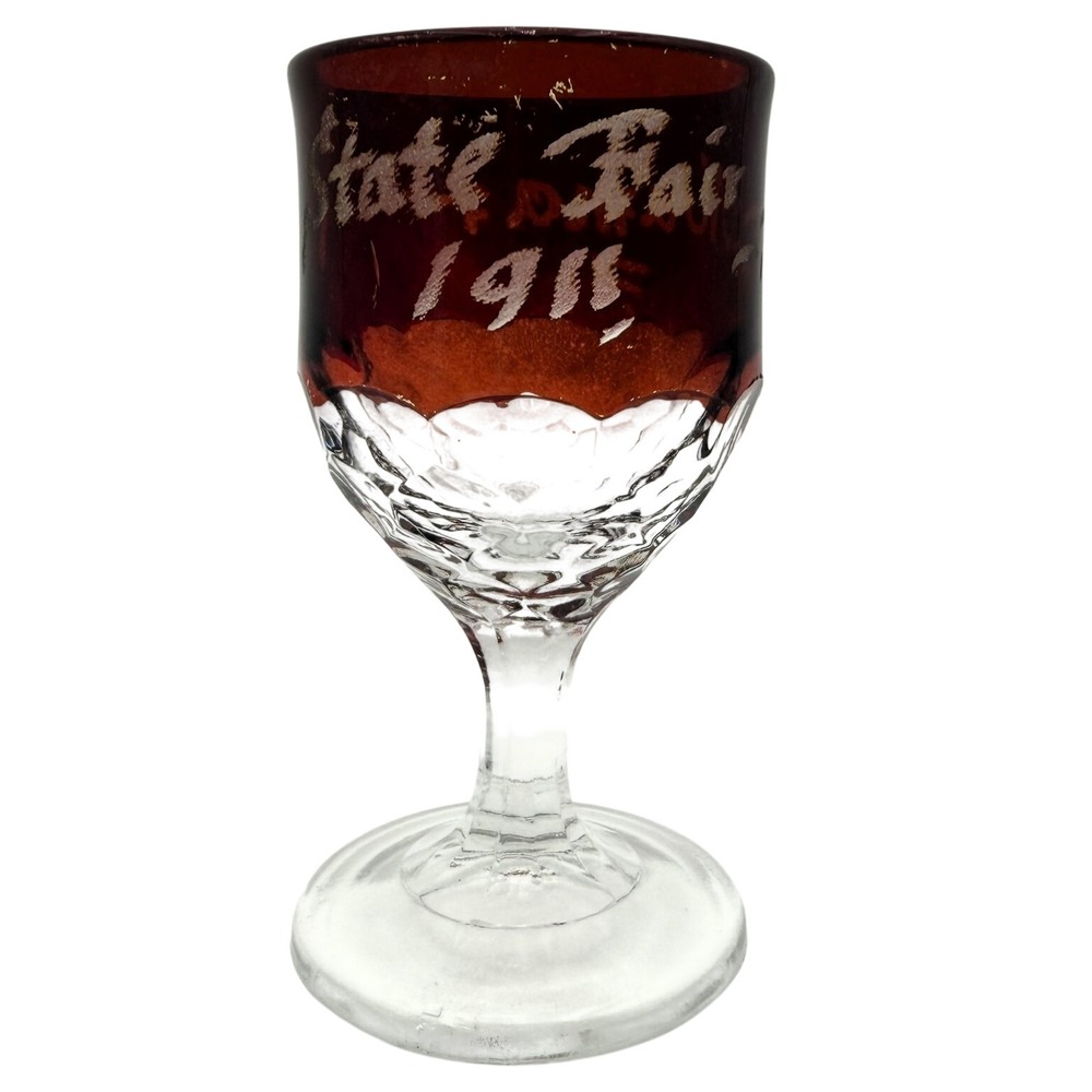 Antique EAPG Ruby Flash Souvenir Cordial Wine Glass State Fair 1911 Mama Etched - Picture 1 of 7